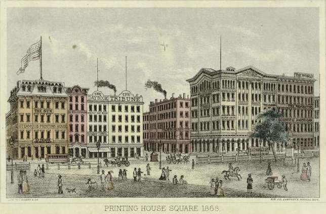 An 1868 lithograph by W.C. Rogers & Co. depicting Printing House Square, across the street from the site of the NYC Comptroller’s current office. (From the New York Public Library’s Digital Collections).