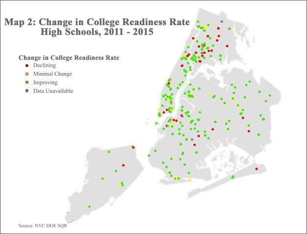 Map 2: Chane in College Readiness Rate High Schools, 2011 -2015