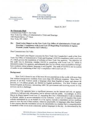 Letter Report on the New York City Office of Administrative Trials and Hearings’ Compliance with Local Law 25 Regarding Translation of Agency Website