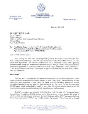 Final Letter Report on the New York County District Attorney’s Administration of the Deferred Prosecution and Non-Prosecution Agreements