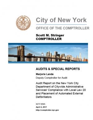 Audit Report on the New York City Department of Citywide Administrative Services’ Compliance with Local Law 20 and the Placement of Automated External Defibrillators