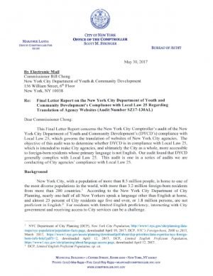 Final Letter Report on the New York City Department of Youth and Community Development’s Compliance with Local Law 25 Regarding Translation of Agency Websites