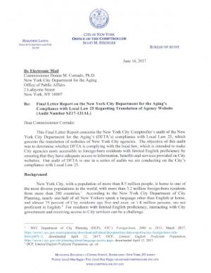 Final Letter Report on the New York City Department for the Aging’s Compliance with Local Law 25 Regarding Translation of Agency Website