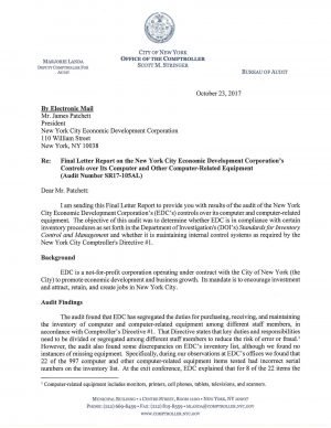 Final Letter Report on the New York City Economic Development Corporation’s Controls over Its Computer and Other Computer-Related Equipment