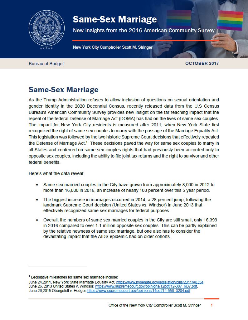 Same-Sex Marriage New Insights from the 2016 American Community Survey Office of the New York City Comptroller Brad Lander picture