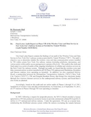 Final Letter Audit Report on Phase VII of the Wireless Voice and Data Service in New York City’s Subway System as Provided by Transit Wireless