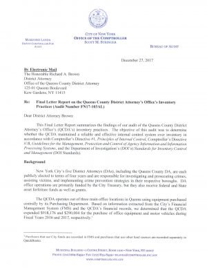 Final Letter Report On Queens County District Attorney’s Office’s Inventory Practices
