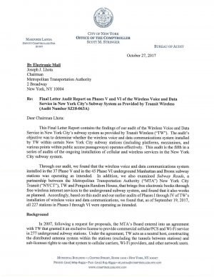 Final Letter Audit Report on Phases V and VII of the Wireless Voice and Data Services in New York City’s Subway System as Provided by Transit Wireless