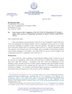 Letter Report on the New York City Department of Consumer Affairs’ Compliance with Local Law 25 Regarding Translation of Agency Website