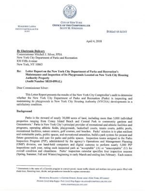 Letter Report on the New York City Department of Parks and Recreation’s Maintenance and Inspection of Its Playgrounds Located on New York City Housing Authority Property