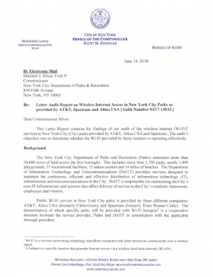 Letter Audit Report on Wireless Internet Access in New York City Parks as provided by AT&T, Spectrum and Altice USA