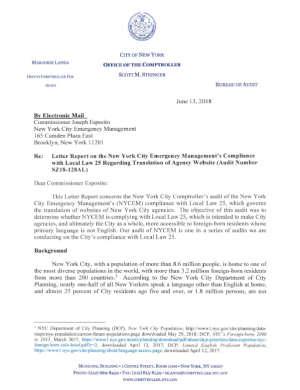 Letter Report on the New York City Emergency Management’s Compliance with Local Law 25 Regarding Translation of Agency Website