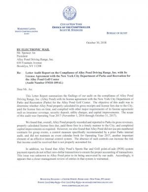 Letter Audit Report on the Compliance of Alley Pond Driving Range, Inc. With Its License Agreement with the New York City Department of Parks and Recreation for the Alley Pond Golf Center