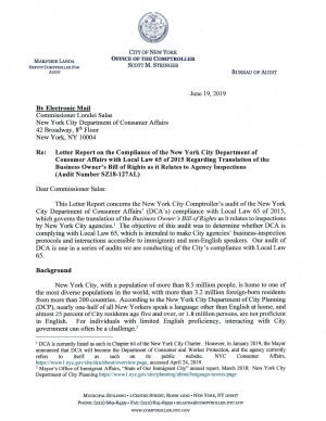 Letter Report On The Compliance Of The New York City Department Of Consumer Affairs With Local Law 65 Of 2015 Regarding Translation Of The Business Owner’s Bill Of Rights As It Relates To Agency Inspections