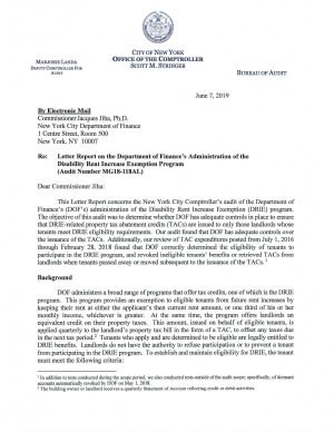 Letter Report On The Department Of Finance’s Administration Of The Disability Rent Increase Exemption Program