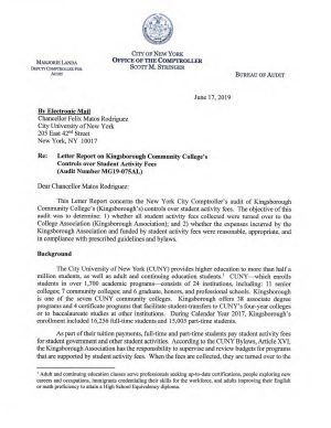 Letter Report On Kingsborough Community College’s Controls Over Student Activity Fees
