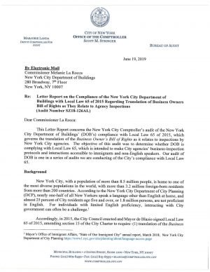 Letter Report On The Compliance Of The New York City Department Of Buildings With Local Law 65 Of 2015 Regarding Translation Of Business Owners Bill Of Rights As They Relate To Agency Inspections
