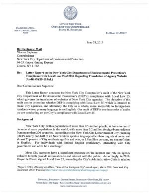 Letter Report On The New York City Department Of Environmental Protection’s Compliance With Local Law 25 Of 2016 Regarding Translation Of Agency Website