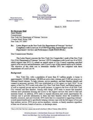 Letter Report on The New York City Department of Veterans’ Services’ Compliance with Local Law 44 Of 2019 Regarding Annual Report On The Department’s Services And Performance