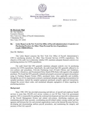 Letter Report on The New York City Office Of Payroll Administration’s Controls Over Purchasing Practices For Other Than Personal Services