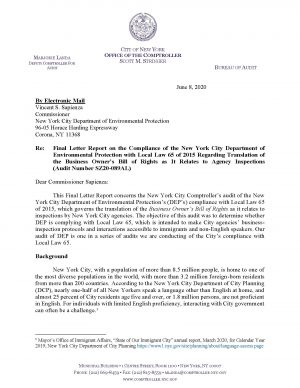 Final Letter Report on the Compliance of the New York City Department of Environmental Protection with Local Law 65 of 2015 Regarding Translation of the Business Owner’s Bill of Rights as It Relates to Agency Inspections
