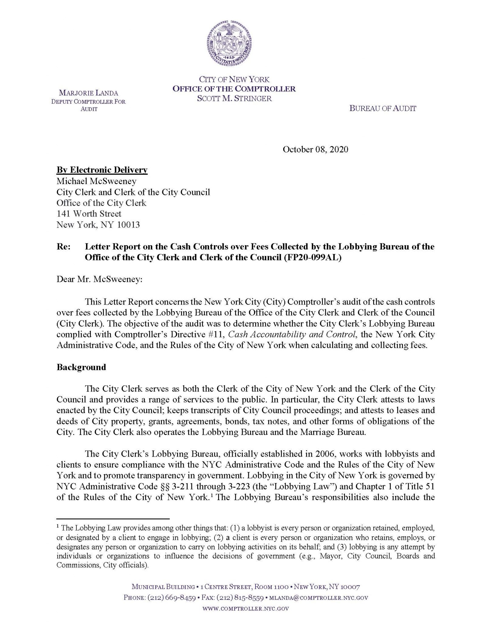 Letter Report on the Cash Controls over Fees Collected by the Lobbying