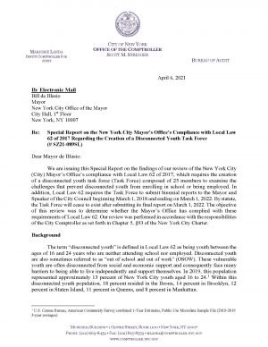 Letter Report on the New York City Mayor’s Office’s Compliance with Local Law 62 of 2017 Regarding the Creation of a Disconnected Youth Task Force