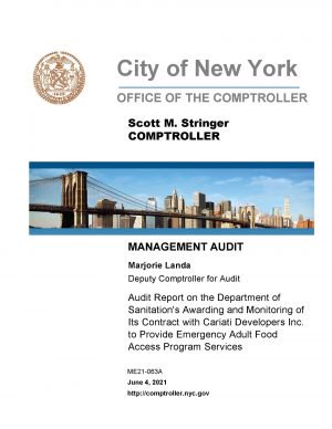 Audit Report on the Department of Sanitation’s Awarding and Monitoring of Its Contract with Cariati Developers Inc. to Provide Emergency Adult Food Access Program Services