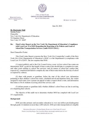 Final Letter Report on The New York City Department of Education’s Compliance with Local Law 33 of 2019 Regarding the Reporting of its Policies and Goals of School Bus Transportation Services
