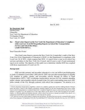 Final Letter Report on the New York City Department of Education’s Compliance with Local Law 34 of 2019 Regarding Reports on School Bus Transportation Services and School Bus Delays