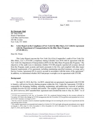 Letter Report on The Compliance of New York City Bike Share, LLC With Its Agreement with The Department of Transportation for The Bike Share Program