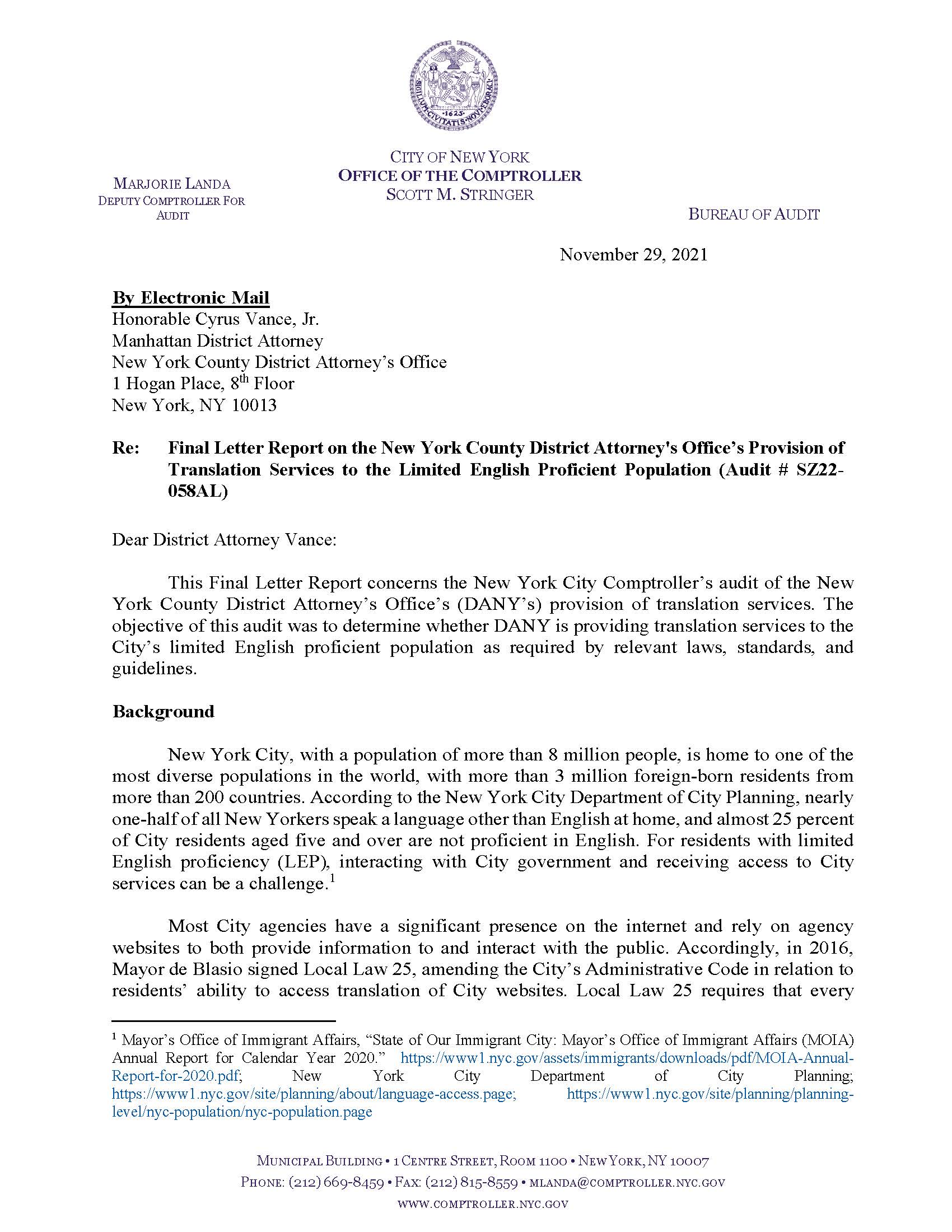 Final Letter Report on the New York County District Attorney’s Office’s Provision of Translation