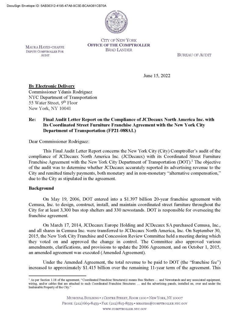 Audit Letter Report on the Compliance of JCDecaux North America Inc