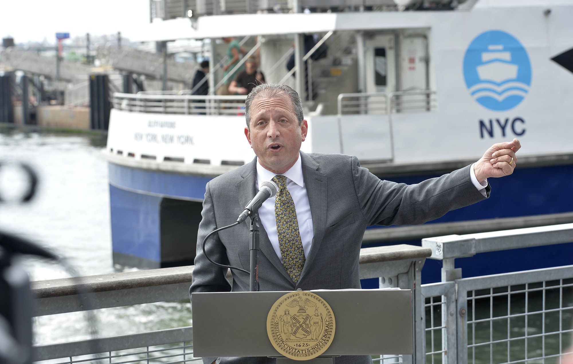 Comptroller Lander discusses audit in front of NYC Ferry