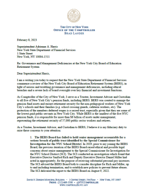 Letter from Comptroller Lander to Department of Financial Services Regarding Governance and Financial Management at BERS