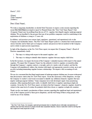 Letter to Corporations Named in NYT Investigation Regarding Use of Migrant Child Labor
