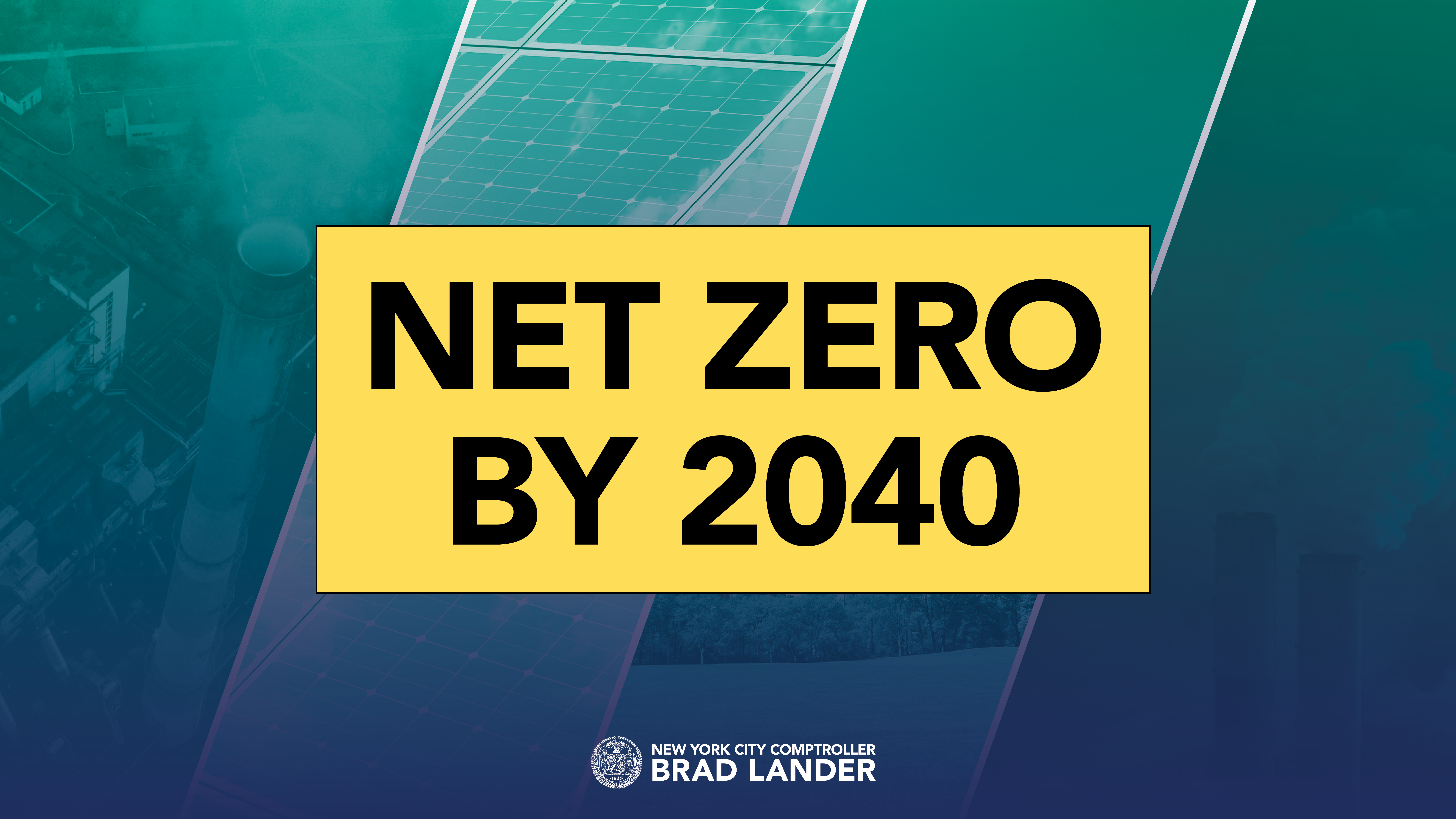 The words Net Zero by 2040 with a photo of a solar panel behind them.
