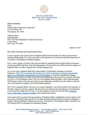 Letter to Federal and State Regulators About Signature Bank’s Rent Stabilized Housing Portfolio