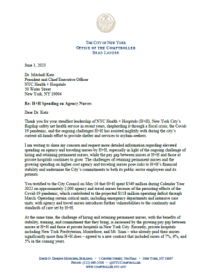 Letter to Dr. Mitchell Katz regarding H+H spending on agency and travel nurses