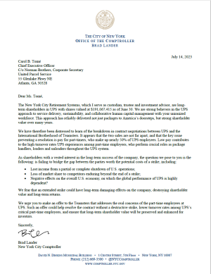 Letter to UPS CEO Carol Tomé About Extended Strike