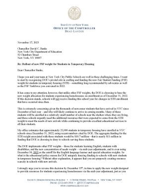 Letter from NYC Comptroller Brad Lander to DOE Commissioner David Banks Re: Rollout of new FSF weight for Students in Temporary Housing