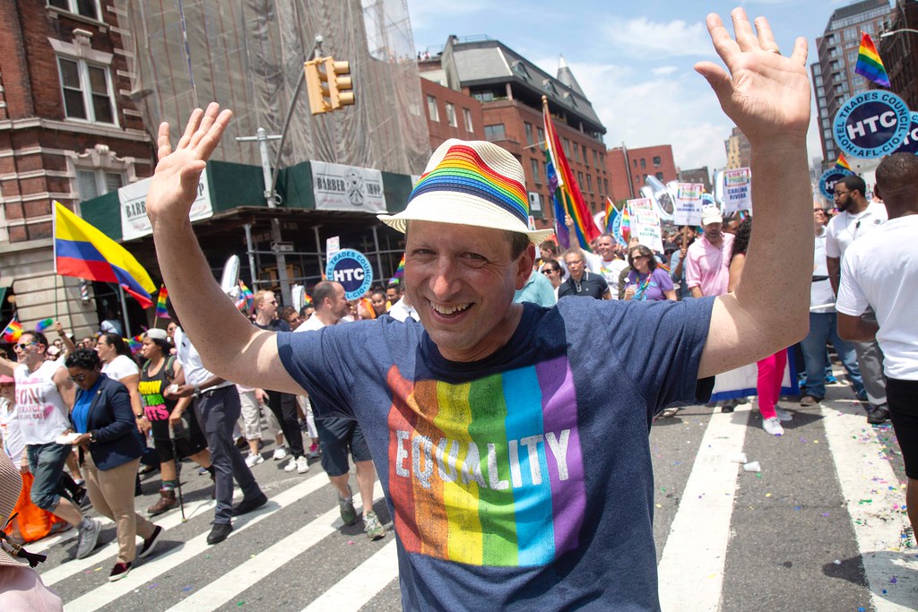 Comptroller Brad Lander in fedora at Pride