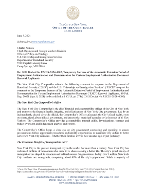 First page of letter from NYC Comptroller to Charles Nimick, the Chief of the Business and Foreign Workers Division at US Citizenship and Immigration services