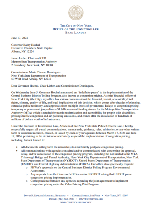 Letter to New York Governor Kathy Hochul, MTA Chair Janno Lieber, and NYSDOT Commissioner Marie Therese Dominguez re: Congestion Pricing FOIL Request