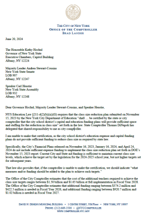 Letter to New York Governor Kathy Hochul, State Senate Majority Leader Andrea Stewart-Cousins, and Assembly Speaker Carl Heastie re: Certification of Class Size Reduction Plan