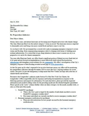 Comptroller Lander’s Letter to Mayor Adams on New York City’s Hurricane Preparedness