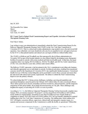 Letter to Mayor Adams Re: Urgent Need to Submit Final Commissioning Report and Expedite Activation of Outposted Therapeutic Housing Units