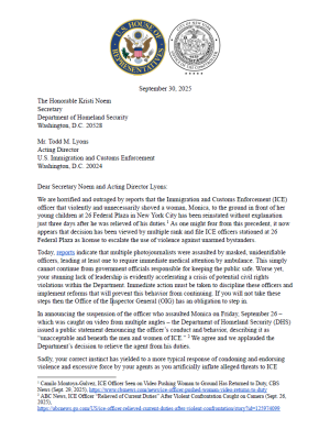 Comptroller Lander and Congressman Goldman Letter to DHS Sec. Noem re Reinstatement of ICE Officer and Misconduct at 26 Federal Plaza