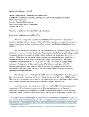 Letter to Starbucks Board of Directors from Comptroller Lander, Trillium Asset Management, Shareholder Association for Research and Education (SHARE), and Pensions Investment Research Consultants (PIRC) on behalf of investor clients