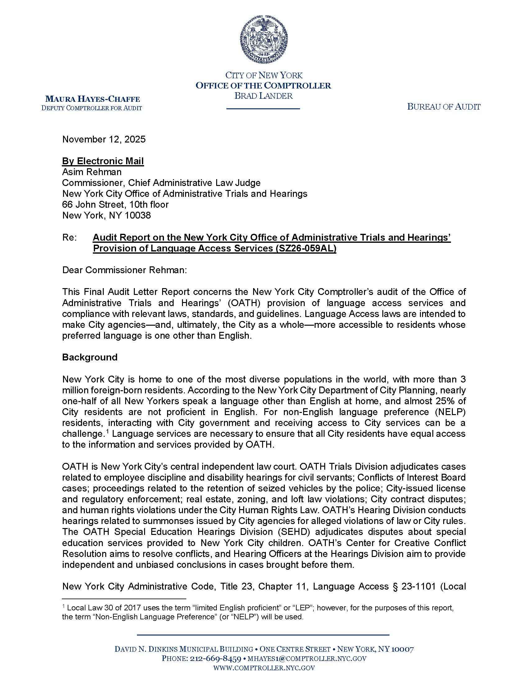 Letter to Commissioner Rehman Re: Audit Report on the New York City ...